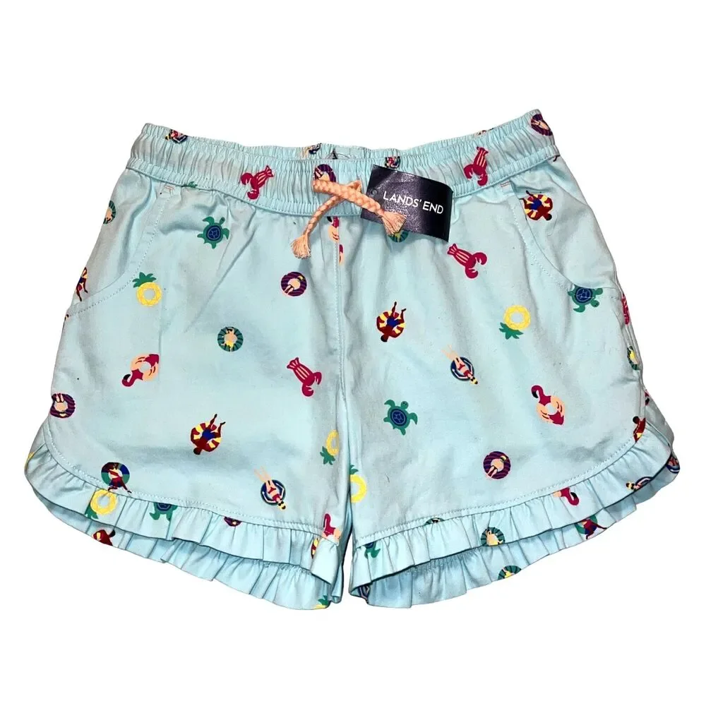 Lands End Girls Swim Shorts Beach Print Cotton Summer Light Blue Medium